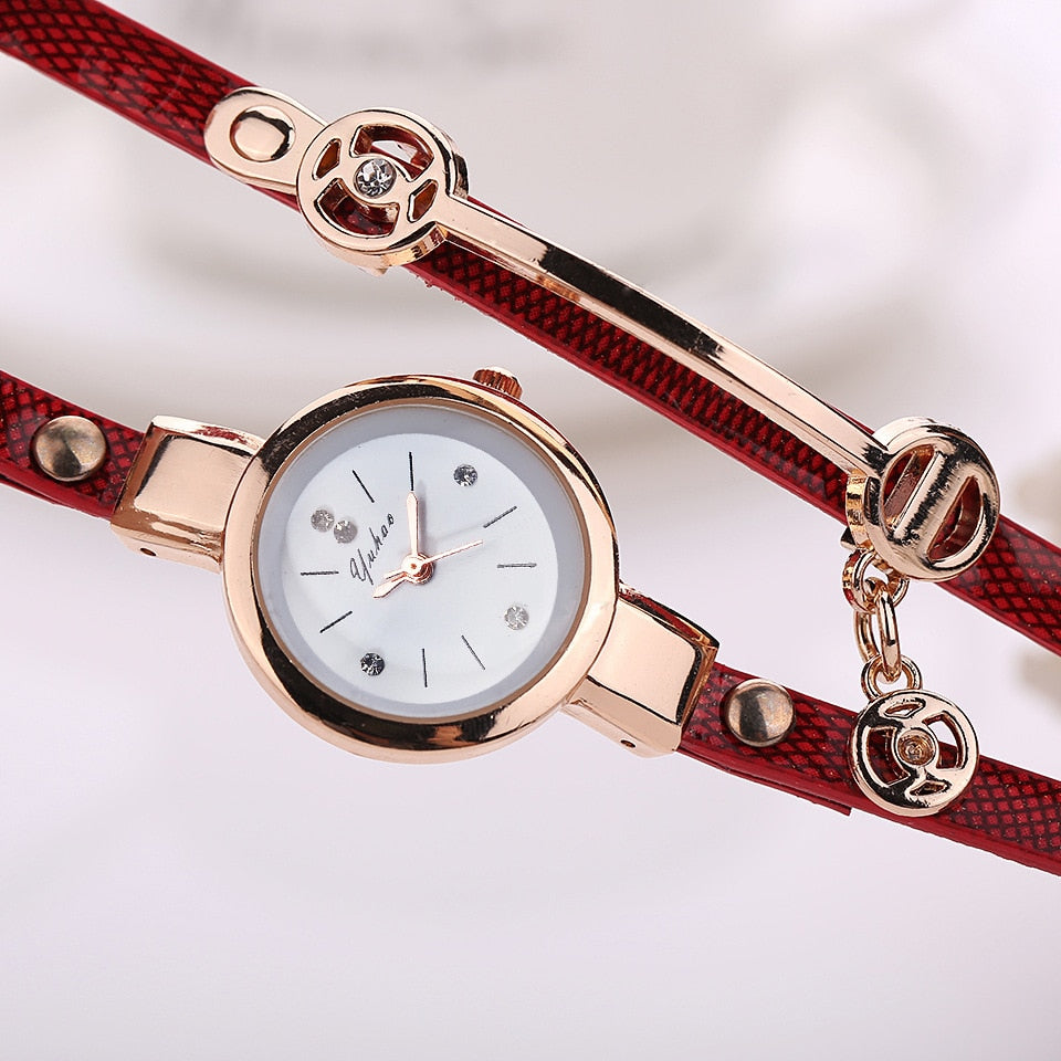 Leather Quartz Wrist Watch Women Rhinestone